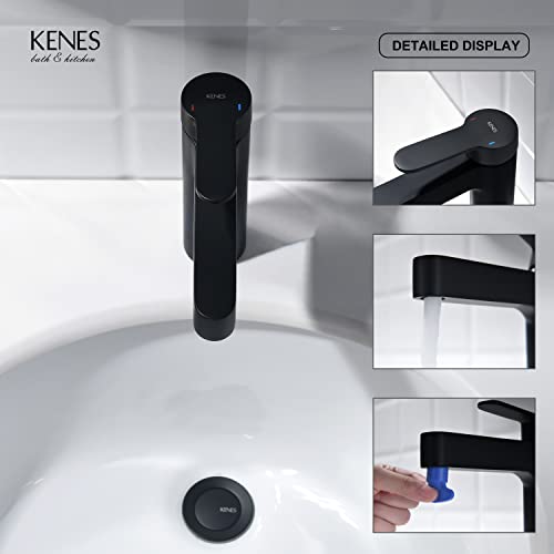 KENES Single Handle Bathroom Faucet, Matte Black Modern Single Hole Bathroom Sink Faucet with Deck Plate, Stainless Steel Lavatory Vanity Faucet Supply Lines Included, KE-9010-2
