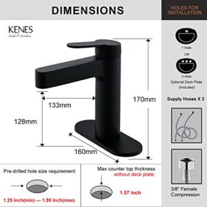 KENES Single Handle Bathroom Faucet, Matte Black Modern Single Hole Bathroom Sink Faucet with Deck Plate, Stainless Steel Lavatory Vanity Faucet Supply Lines Included, KE-9010-2