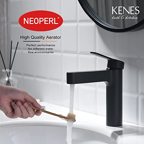 KENES Single Handle Bathroom Faucet, Matte Black Modern Single Hole Bathroom Sink Faucet with Deck Plate, Stainless Steel Lavatory Vanity Faucet Supply Lines Included, KE-9010-2