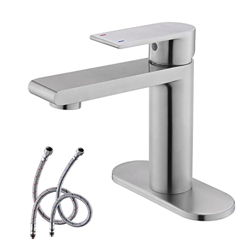 KENES Modern Single Hole Bathroom Faucet, Single Handle Bathroom Sink Faucet Brushed Nickel, Stainless Steel Lavatory Vanity Faucet with Deck Plate & Supply Lines Fit for 1 or 3 Hole KE-9008