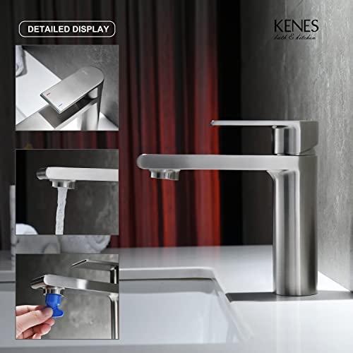 KENES Modern Single Hole Bathroom Faucet, Single Handle Bathroom Sink Faucet Brushed Nickel, Stainless Steel Lavatory Vanity Faucet with Deck Plate & Supply Lines Fit for 1 or 3 Hole KE-9008