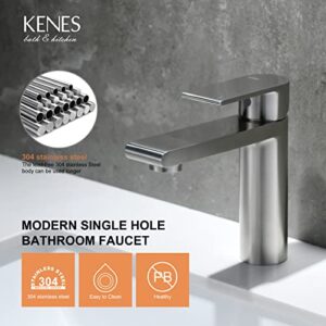 KENES Modern Single Hole Bathroom Faucet, Single Handle Bathroom Sink Faucet Brushed Nickel, Stainless Steel Lavatory Vanity Faucet with Deck Plate & Supply Lines Fit for 1 or 3 Hole KE-9008