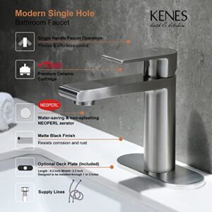KENES Modern Single Hole Bathroom Faucet, Single Handle Bathroom Sink Faucet Brushed Nickel, Stainless Steel Lavatory Vanity Faucet with Deck Plate & Supply Lines Fit for 1 or 3 Hole KE-9008