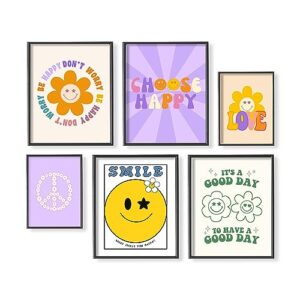 Cool Vintage Happy Smile Faces Picture - Don‘t Worry Choose Happy Good Vibe Aesthetic - Retro Cute Poster - Postive Quotes Wall Art Print - Hippie Indie Kidcore Room Decor - 60s 70s Groovy Love Art