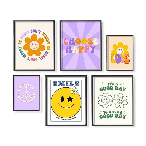 Cool Vintage Happy Smile Faces Picture - Don‘t Worry Choose Happy Good Vibe Aesthetic - Retro Cute Poster - Postive Quotes Wall Art Print - Hippie Indie Kidcore Room Decor - 60s 70s Groovy Love Art