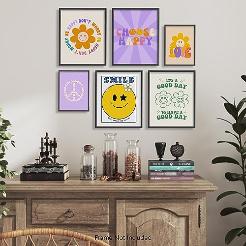 Cool Vintage Happy Smile Faces Picture - Don‘t Worry Choose Happy Good Vibe Aesthetic - Retro Cute Poster - Postive Quotes Wall Art Print - Hippie Indie Kidcore Room Decor - 60s 70s Groovy Love Art