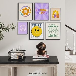 Cool Vintage Happy Smile Faces Picture - Don‘t Worry Choose Happy Good Vibe Aesthetic - Retro Cute Poster - Postive Quotes Wall Art Print - Hippie Indie Kidcore Room Decor - 60s 70s Groovy Love Art