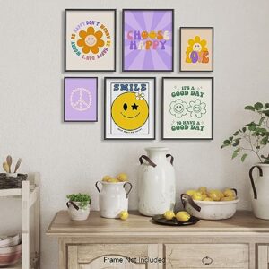 Cool Vintage Happy Smile Faces Picture - Don‘t Worry Choose Happy Good Vibe Aesthetic - Retro Cute Poster - Postive Quotes Wall Art Print - Hippie Indie Kidcore Room Decor - 60s 70s Groovy Love Art