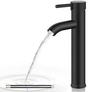 airuida matte black 1 hole deck mount bathroom faucet, sturdy stainless steel construction, circular waterfall spout design, easy installation