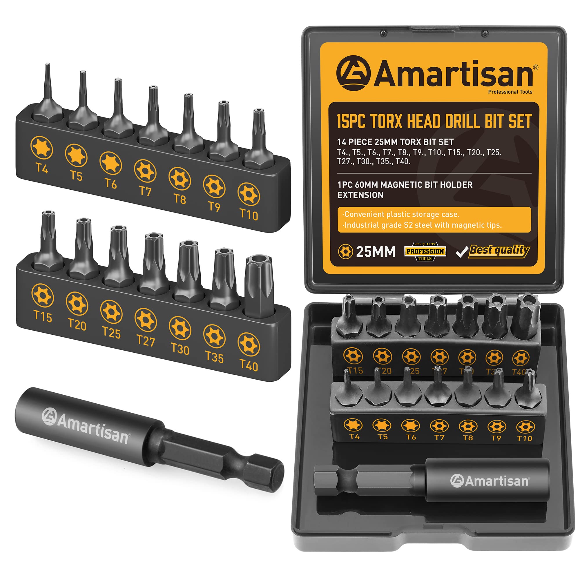 Torx Bit Set, Amartisan 15-Piece Security Torx Bit Set, Tamper Resistant Star Bits Set S2 Steel, 1" Long T4 - T40 and 1/4”Magnetic Extension