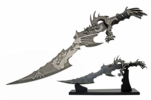 SZCO Supplies 926966 Jagged Dragon Printed Display Fantasy Sword with Wooden Display Stand, 21" Length