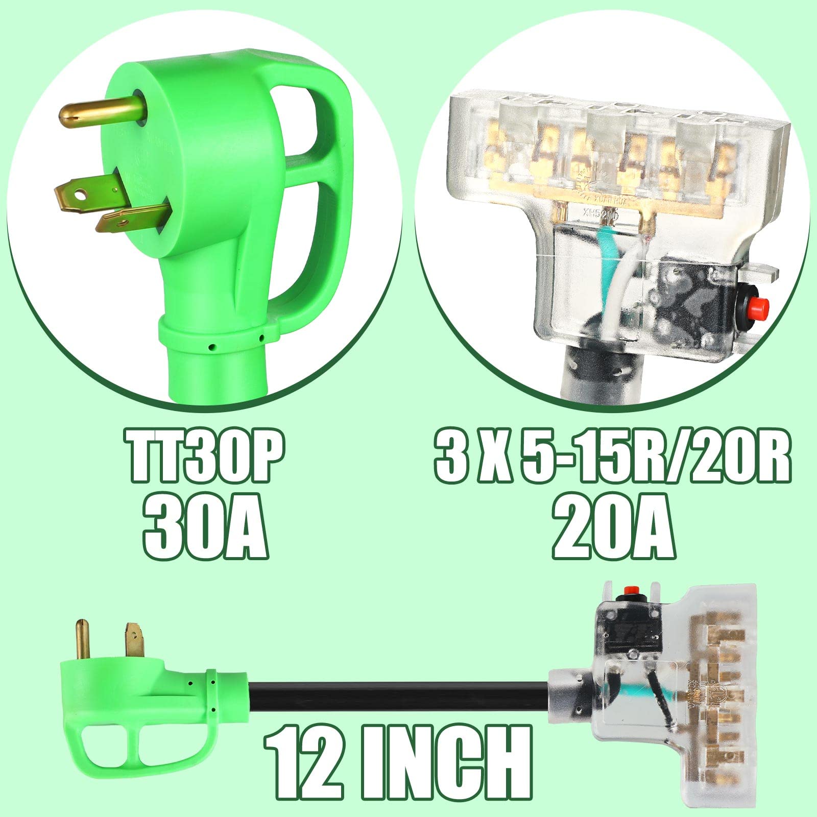 Kingdder 30 Amp to 110V RV Distribution Adapter Cord Generator Adapter 10 Gauge 12 Inch TT-30P Male to 3X 5-20R Female Household Connectors with Overload Protection and Indicator Light for RV