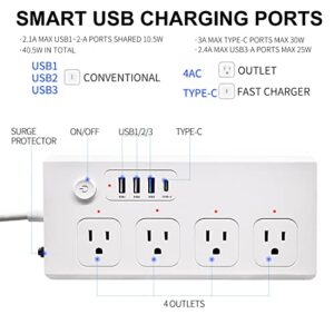 XENON Power Strips 40W, Surge Protector with 4 AC Outlets and USB A (QC 18W) + USB C (PD 40W), USB C Fast Charging, 5Ft Extension Cord, Overload Protection, for Home, Office, Travel