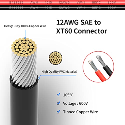 ELFCULB 12AWG 2FT SAE to XT60 Connector Extension Cable with SAE Polarity Reverse Adapter for Solar Generator Portable Power Station Solar Panel