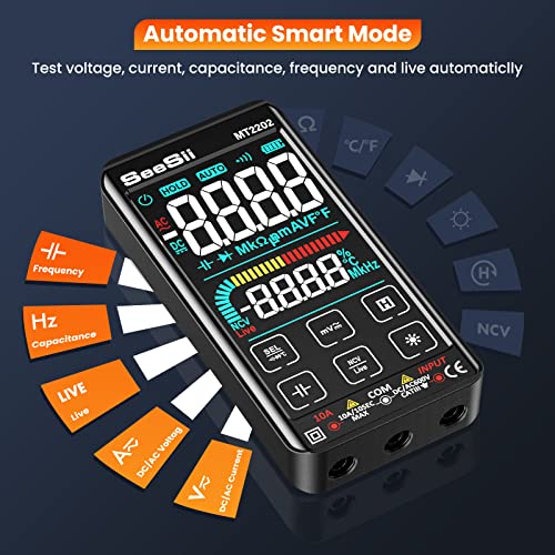 Touchscreen Digital Multimeter, Seesii 10000 Counts TRMS Auto-Ranging Voltmeter, Fast Accurately Measures AC/DC Amp Ohm Voltage Resistance Continuity Capacitance Temperature with Backlight Flashlight