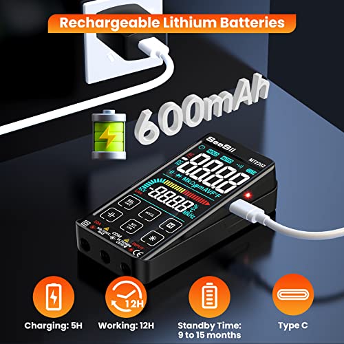 Touchscreen Digital Multimeter, Seesii 10000 Counts TRMS Auto-Ranging Voltmeter, Fast Accurately Measures AC/DC Amp Ohm Voltage Resistance Continuity Capacitance Temperature with Backlight Flashlight