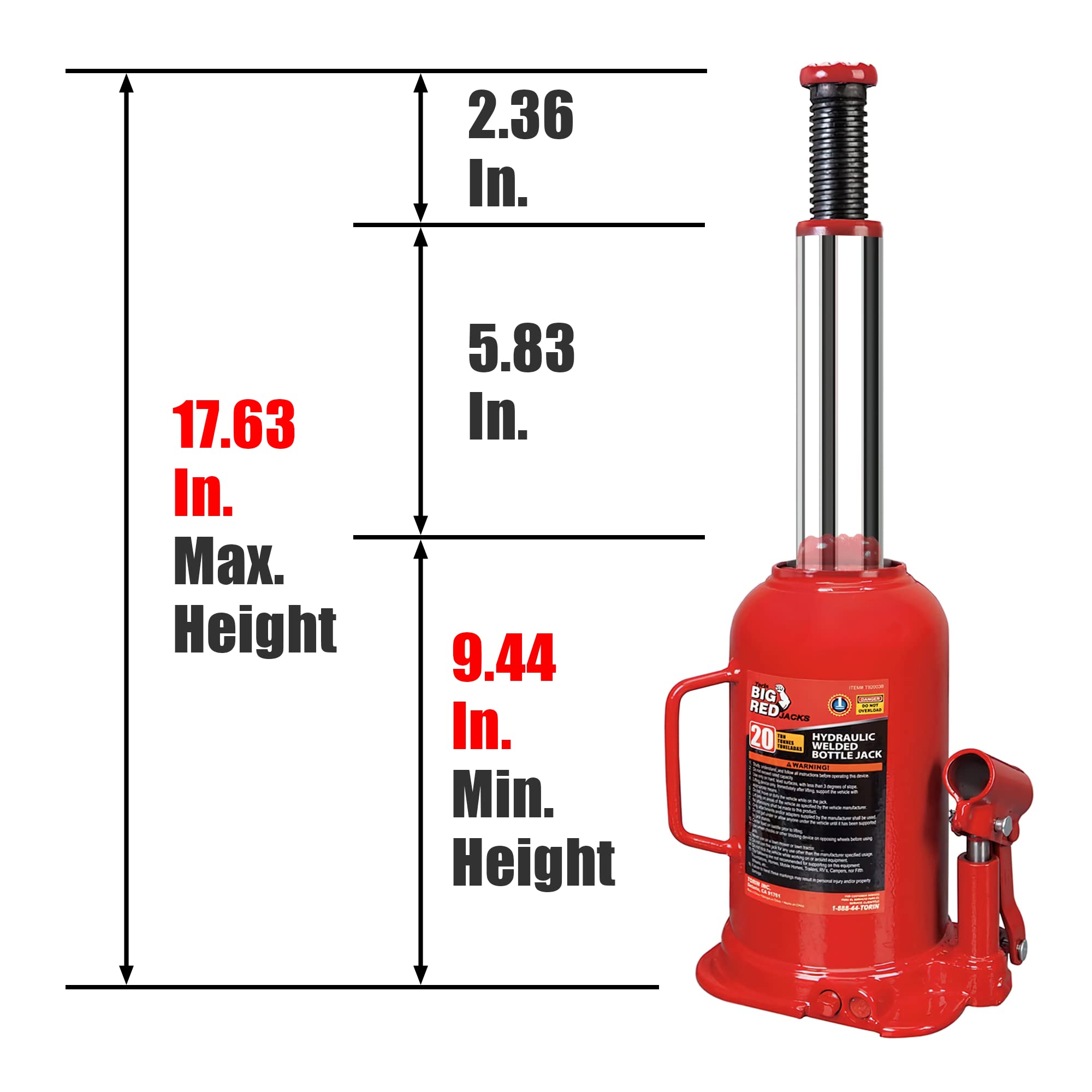 BIG RED 20 Ton (40,000 LBs) Torin Welded Hydraulic Car Bottle Jack for Auto Repair and House Lift, Red, TAM92003B