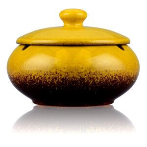 outdoor ashtray with lid & ceramic ashtrays for cigarettes, round cute porcelain ash tray pottery smoking holders indoor outdoor patio home office cool rolling décor-lauyoo (glazed yellow)