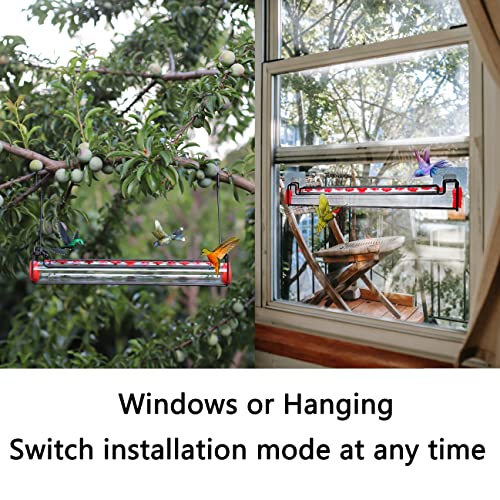 Hummingbird Feeder for Outdoors Hanging, Hanging & Window Two-Mode Horizontal Hummingbird Feeder Tube, with Perch for Standing and Drinking, 12 Feeding Ports, Leak & Bee Proof, Easy to Clean & Fill