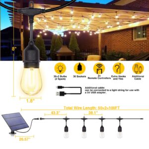 ZJOJO Solar String Lights Outdoor Waterproof 100FT(50FT*2Pack), Solar Lights Outdoor with 30+2 Shatterproof Bulbs IP65, Patio Lights Solar Powered &USB Port, LED String Solar Lights for Outside Decor