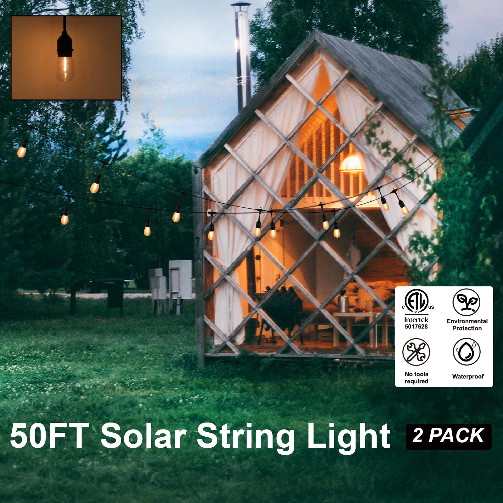 ZJOJO Solar String Lights Outdoor Waterproof 100FT(50FT*2Pack), Solar Lights Outdoor with 30+2 Shatterproof Bulbs IP65, Patio Lights Solar Powered &USB Port, LED String Solar Lights for Outside Decor