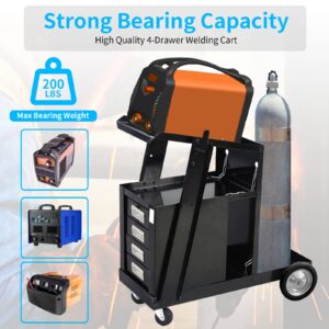 JFamiglia Welding Cart, Carts with 4 Drawers for MIG TIG ARC Plasma Cutter Tank Storage 2 Safety Chains, Black