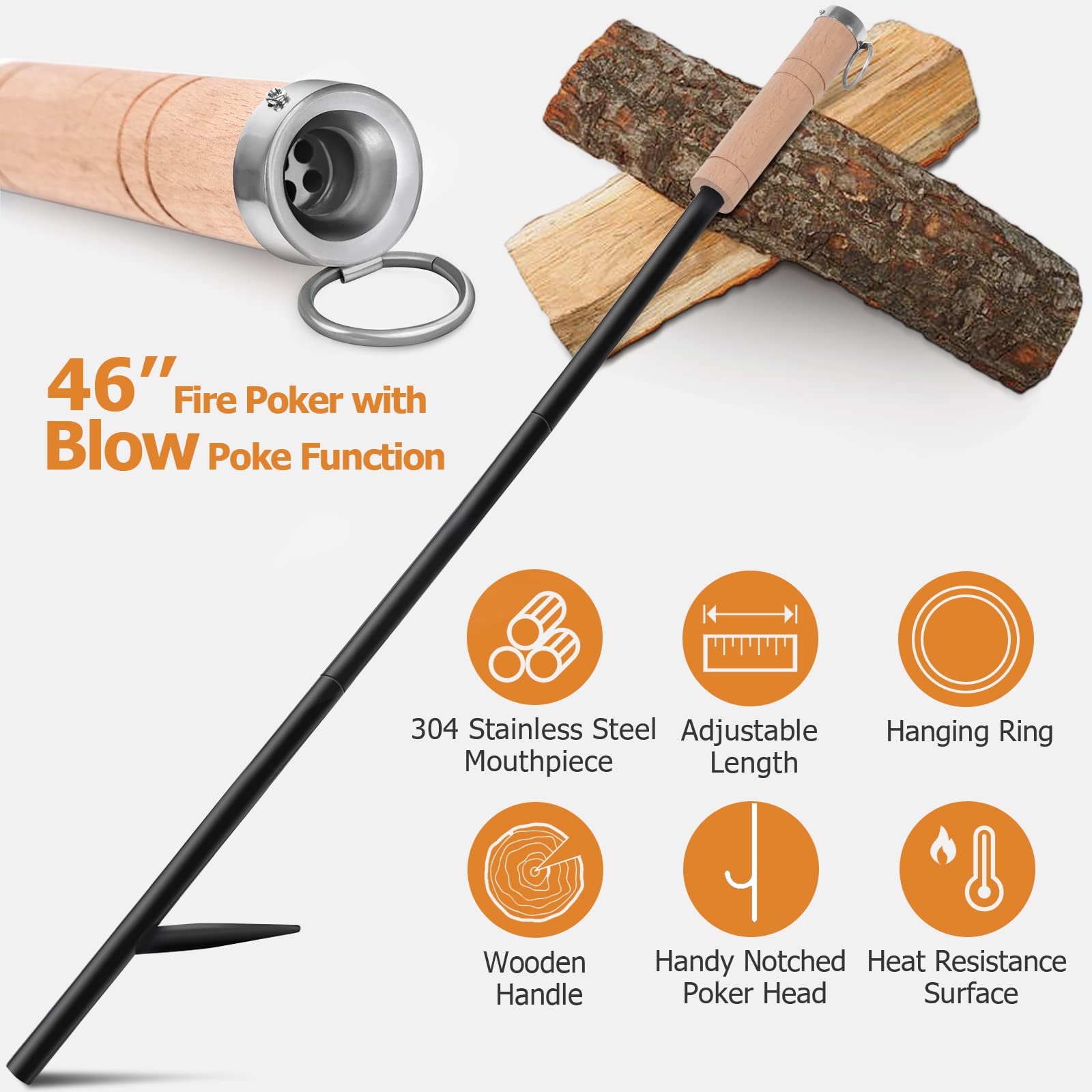 RahTune 46 Inch Blow Poke, Extra Long Pit Commander Fire Tool, 3 Part Assembled Fire Stoker, Fire Poker Blower with Wooden Handle and Hanging Ring