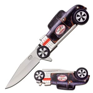 busted knuckle garage - spring assisted pocket knife - satin finish stainless steel blade, aluminum handle, handle is shaped like hot rod, liner lock, pocket clip, mechanic, wrench turners - bkg-a005