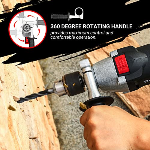 DEKOPRO 8Amp 1/2-inch Corded Impact Drill with 12pcs Accessories, Variable Speed 0-2800, Hammer and Drill 2 Functions in 1, 360°Rotating Handle, Depth Gauge, Carrying Case Included