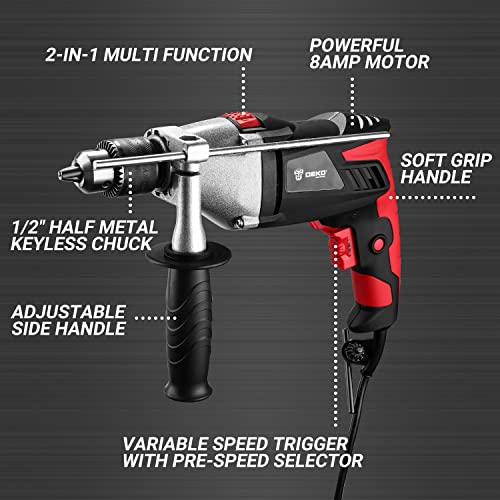 DEKOPRO 8Amp 1/2-inch Corded Impact Drill with 12pcs Accessories, Variable Speed 0-2800, Hammer and Drill 2 Functions in 1, 360°Rotating Handle, Depth Gauge, Carrying Case Included