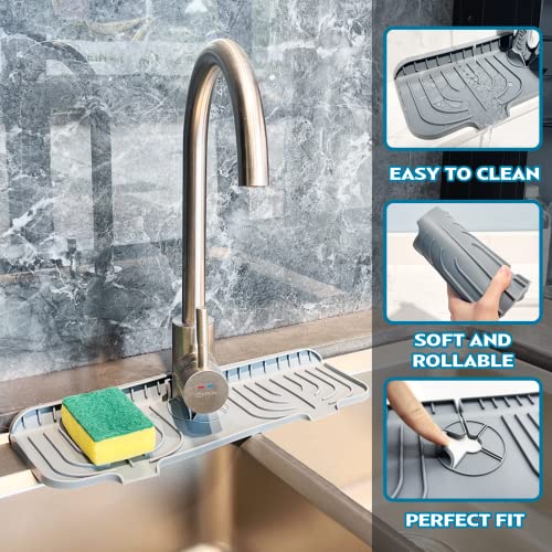 Luvitory Faucet Handle Drip Catcher Silicone Mat,Faucet Splash Guard,Sink Splash Guard Kitchen Faucet Sink Drying Mat Soap Sponge Accessories Sink Tray Bathroom Bar Countertop Protection Grey