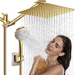 high pressure rainfall shower head/handheld shower combo with 11" adjustable extension arm, 5 spray settings shower heads with 60" hose anti-leak (gold), 10"