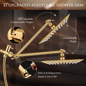 High Pressure Rainfall Shower Head/Handheld Shower Combo with 11" Adjustable Extension Arm, 5 Spray Settings Shower Heads with 60" Hose Anti-leak (Gold), 10"