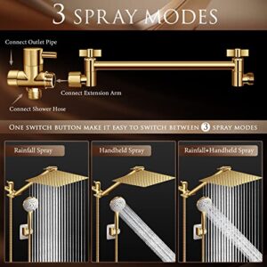 High Pressure Rainfall Shower Head/Handheld Shower Combo with 11" Adjustable Extension Arm, 5 Spray Settings Shower Heads with 60" Hose Anti-leak (Gold), 10"