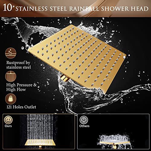 High Pressure Rainfall Shower Head/Handheld Shower Combo with 11" Adjustable Extension Arm, 5 Spray Settings Shower Heads with 60" Hose Anti-leak (Gold), 10"