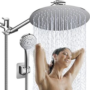 rain shower head, 12" high pressure round rainfall shower head combo with 11" adjustable extension arm, 5-settings handheld shower heads with 60" stainless steel hose anti-leak (chrome)