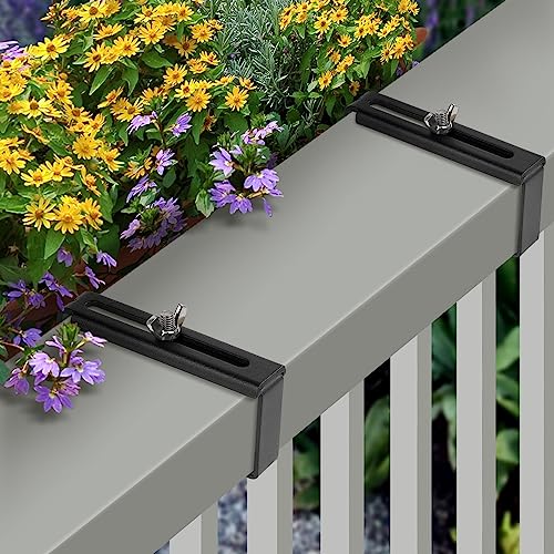 Vinazone Window Box Bracket, Adjustable Planter Box Bracket, Flower Box Bracket for Railing, No Drill Flower Box Holder, Railing Planter Bracket, Planter Box Bracket for Deck Railing - 4Pack - Black