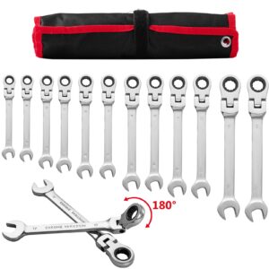 topdeep ratcheting combination wrench set, 12 piece 8-19mm metric flex head ratcheting wrench, chrome vanadium steel ratcheting spanner wrench with carrying bag