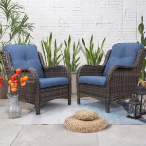 joyside outdoor wicker chair rattan patio dining chairs set of 2 pe wicker patio chairs with 4inch seat cushions outdoor patio seating chair for garden, backyard deck(mixed grey/blue)