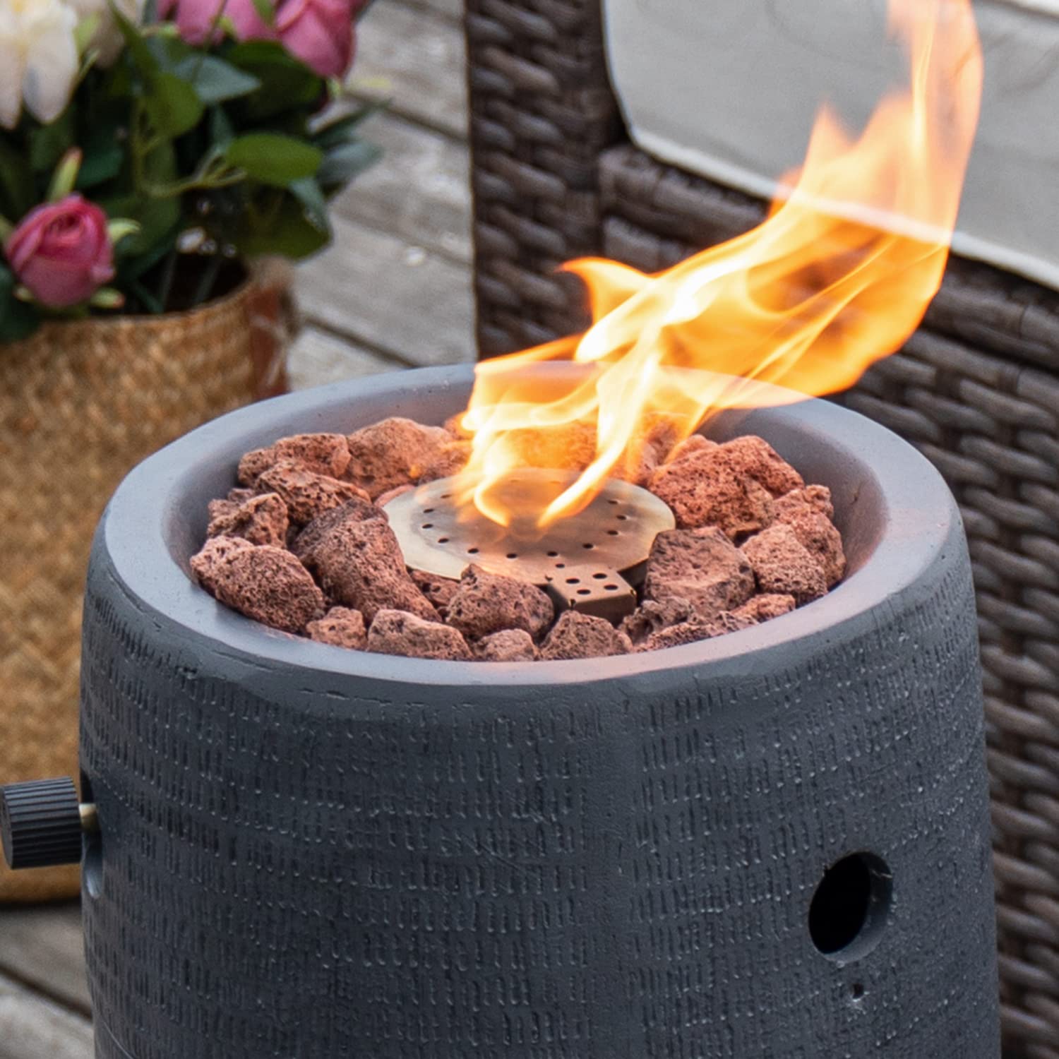 COSIEST Outdoor Propane Fire Pit Table w Compact Ledgestone 11-inch Round Graphite Base, 15,000 BTU, Free Lava Rocks, Touch-up Pen, Rain Cover for Patio Garden(Dark Gray)