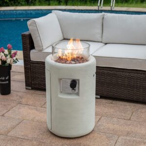 COSIEST Outdoor Propane Fire Pit Table w Compact Ledgestone 16-inch Round Graphite Base and Glass Wind Guard, 40,000 BTU, Free Lava Rocks, Touch-up Pen, Fits 20lb (Creamy White)