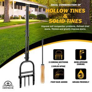 Hermsche Lawn Aerator Coring Tool Manual Plug Core Aerators Lawn Aeration with Slope Top 4 Half-Open Slot Hollow Tines Heavy Duty Plug Core Aerator Lawn Tool for Soils Yard Garden (2 Spikes + 2 CORES)
