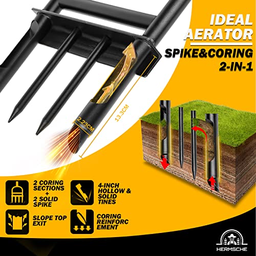 Hermsche Lawn Aerator Coring Tool Manual Plug Core Aerators Lawn Aeration with Slope Top 4 Half-Open Slot Hollow Tines Heavy Duty Plug Core Aerator Lawn Tool for Soils Yard Garden (2 Spikes + 2 CORES)