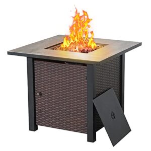 yangming propane fire pit table, 30 inch 50,000 btu square outdoor gas firepit with porcelain tile tabletop, lid, lava rocks for garden, patio, deck, yard, espresso brown (qx-ol-ftable-exp)