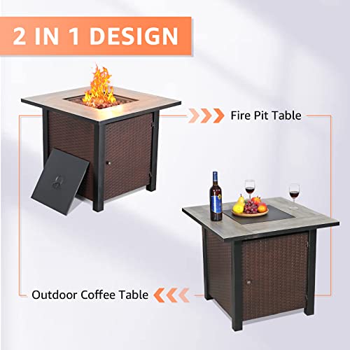 Yangming Propane Fire Pit Table, 30 Inch 50,000 BTU Square Outdoor Gas Firepit with Porcelain Tile Tabletop, Lid, Lava Rocks for Garden, Patio, Deck, Yard, Espresso Brown (QX-OL-FTABLE-EXP)