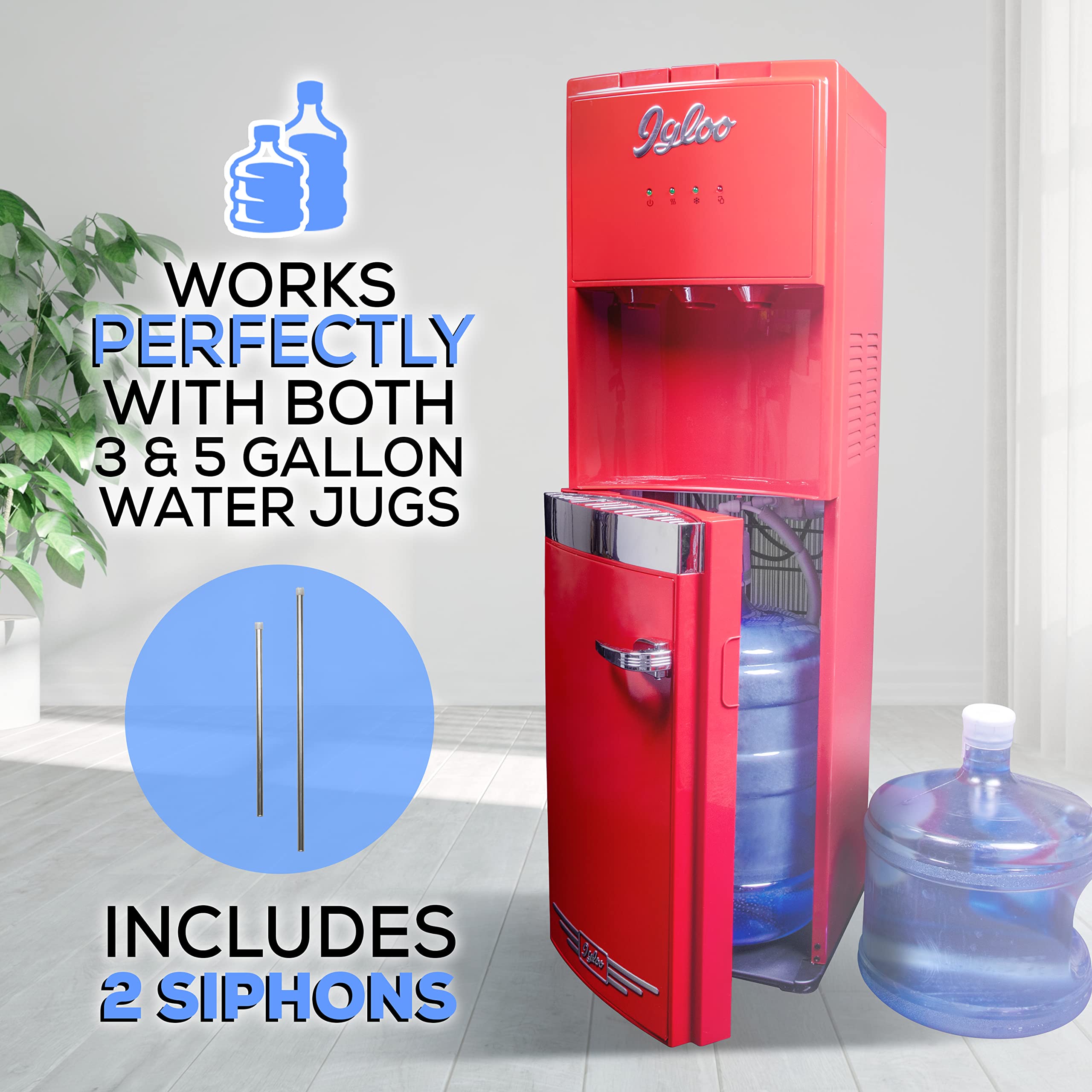 Igloo Retro Bottom Load Water Dispenser, Hot, Cold or Room-Temperature Water, Holds 3 or 5 Gallon Bottles, Child Safety Lock, Perfect for Homes, Kitchens, Dorms, Red