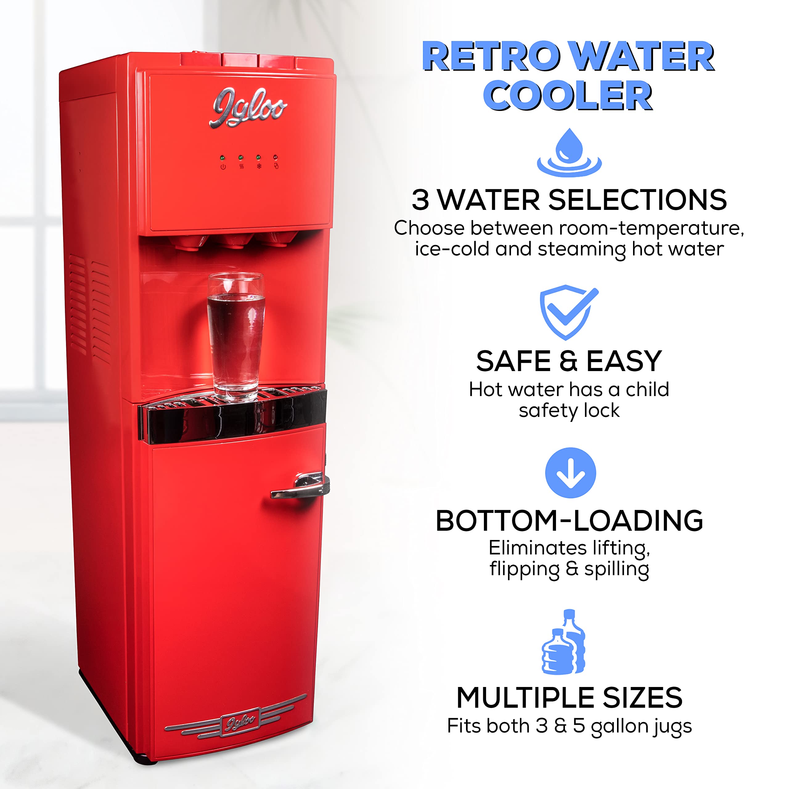 Igloo Retro Bottom Load Water Dispenser, Hot, Cold or Room-Temperature Water, Holds 3 or 5 Gallon Bottles, Child Safety Lock, Perfect for Homes, Kitchens, Dorms, Red