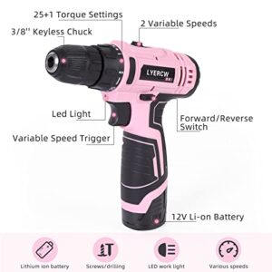 LYERCW 12V Cordless Drill, Pink Electric Drill Driver Set with 21Pcs Driver/Drill Bits, 25+1 Torque Setting, 3/8" Keyless Chuck, 2 Variable Speed, LED Light, Storage Bag