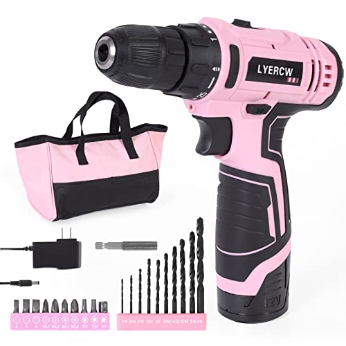 LYERCW 12V Cordless Drill, Pink Electric Drill Driver Set with 21Pcs Driver/Drill Bits, 25+1 Torque Setting, 3/8" Keyless Chuck, 2 Variable Speed, LED Light, Storage Bag