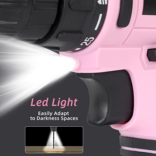 LYERCW 12V Cordless Drill, Pink Electric Drill Driver Set with 21Pcs Driver/Drill Bits, 25+1 Torque Setting, 3/8" Keyless Chuck, 2 Variable Speed, LED Light, Storage Bag